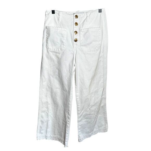 Zara Sailor Gold Button Wide Leg Embroidered Cropped White Patch Pocket Jeans 6 - Picture 1 of 8